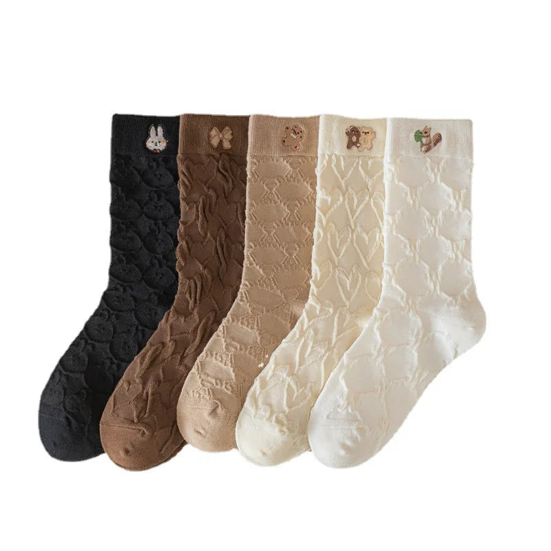 MIO Cute Cartoon Embroidery Cotton Socks for Women Casual Cozy Breathable Crew Socks Fashion Pure Color Stretchy Mid Tube Socks