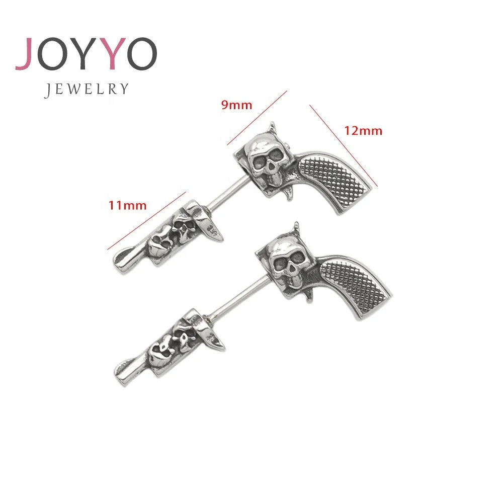 3D Pistol Stud Earring Creative Gothic Stainless Steel Gun Shape Skull Earring Punk Ear Studs Fine Jewelry