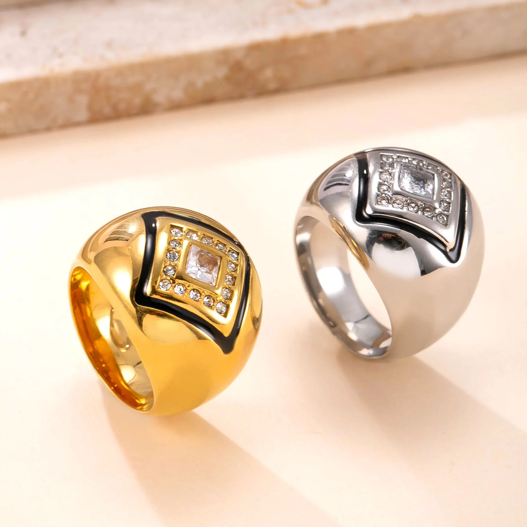 Titanium Steel Real Gold Plated Cast Square Drip Enamel Diamond Inlaid Ring Retro Punk Men's Ring Tarnish Resistant