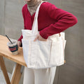 Casual Simple Multi-pocket Canvas Women Shoulder Bags High Capacity Commute Ladies Tote Shopping Bag Solid Color Female Handbags