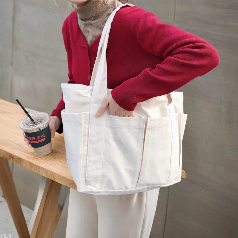 Casual Simple Multi-pocket Canvas Women Shoulder Bags High Capacity Commute Ladies Tote Shopping Bag Solid Color Female Handbags