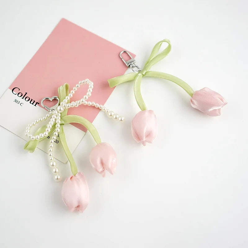 Hot Selling Versatile Tulip Pearl pink Ribbon Bow Purple Pendant Heart-shaped Keychain Bag Pendant