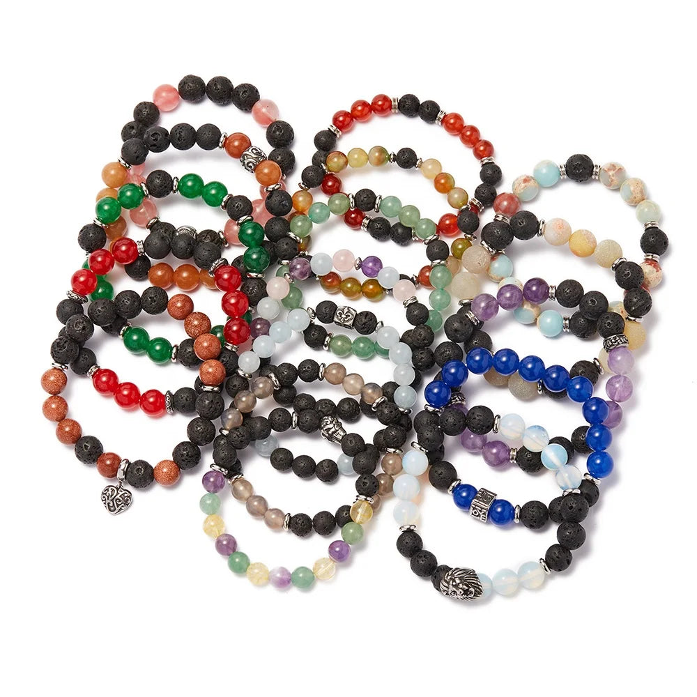 Factory Price Stretch Bulk Black lava Stone Beads Bracelet 7 Chakra Gemstone Crystal Quartz Diffuser Charms Bracelet