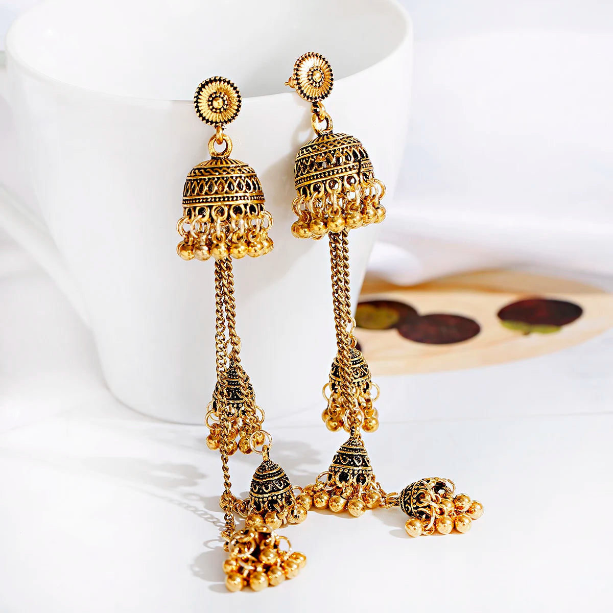 Ethnic Gold Silver Afghan Long Tassel Bead Drop Earrings Bollywood Jewellery Bell Jhumka Indian Earrings Wedding Jewelry