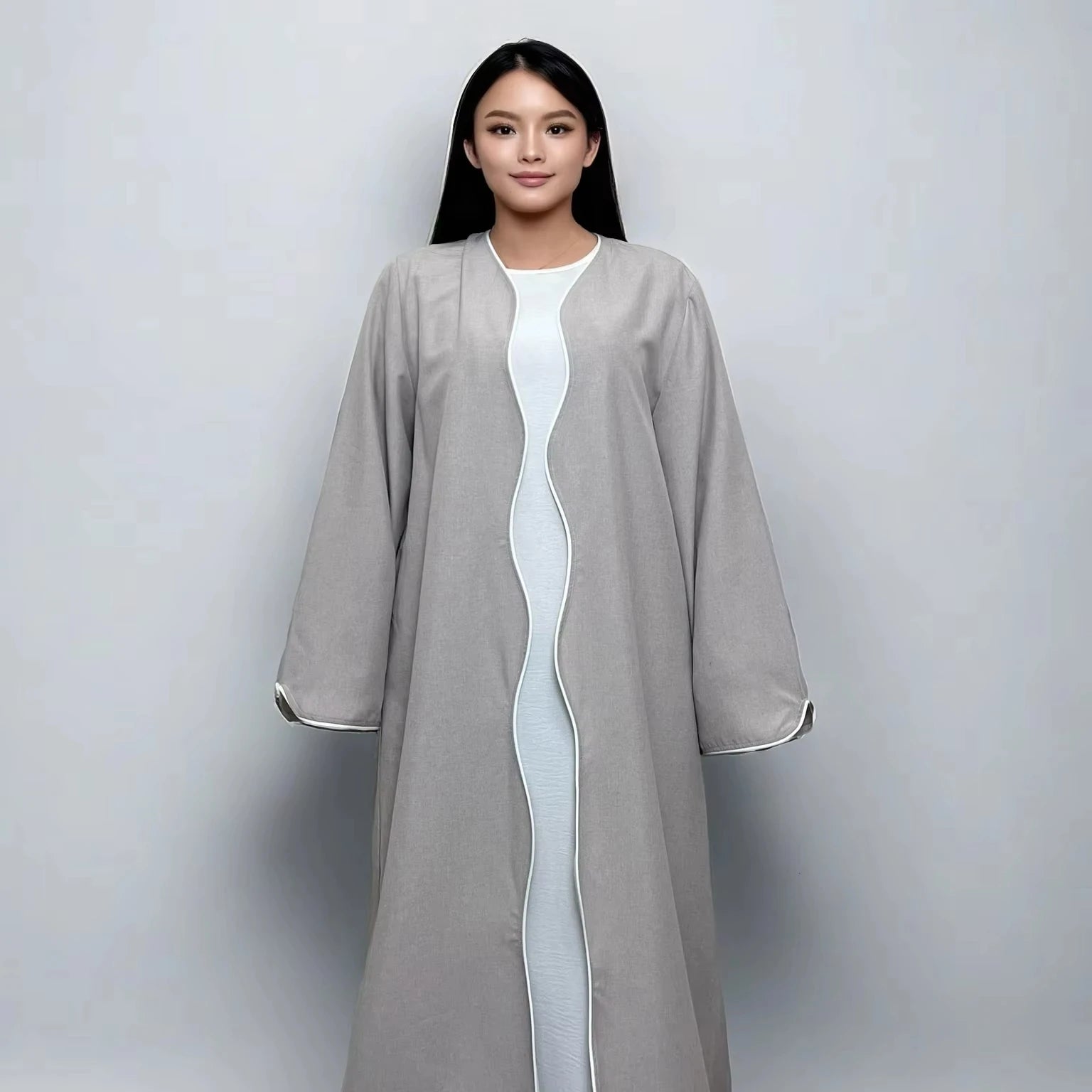 LM033 Wave Open Abaya Cardigan Linen Textured Wavy Design Arabic Women Clothing Kaftan