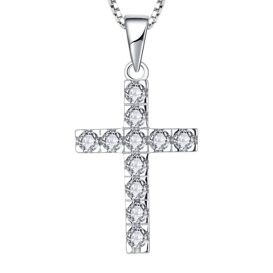 Handmade Religious Jewelry 925 Sterling Silver Cross Pendant Necklace with Round Cut Zircon for Men Women
