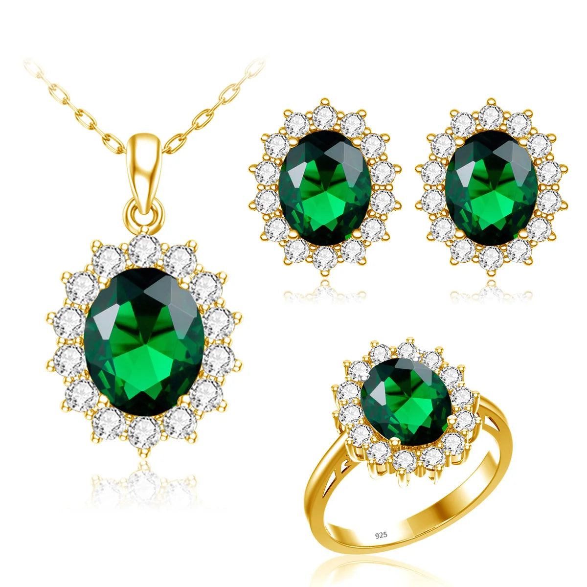 Luxury 925 Silver Exquisite Zircon Emeralds Jewelry Set Bridal Wedding Fine Gold Plated Silver Jewelry Set MegaBDM