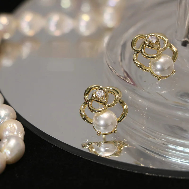 Cute Fashion INS 14K Gold Plated Pure 925 Sterling Silver Pearl Camellia Flower Stud Earrings for Women Girls Jewelry