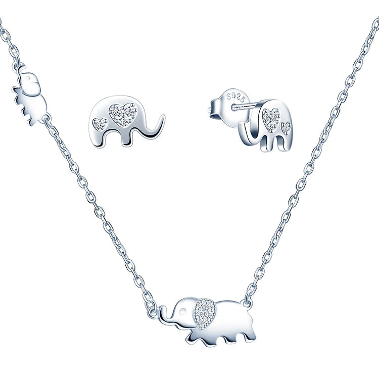 925 Sterling Silver Necklace Stud Earrings Cute Elephant Jewelry Set
