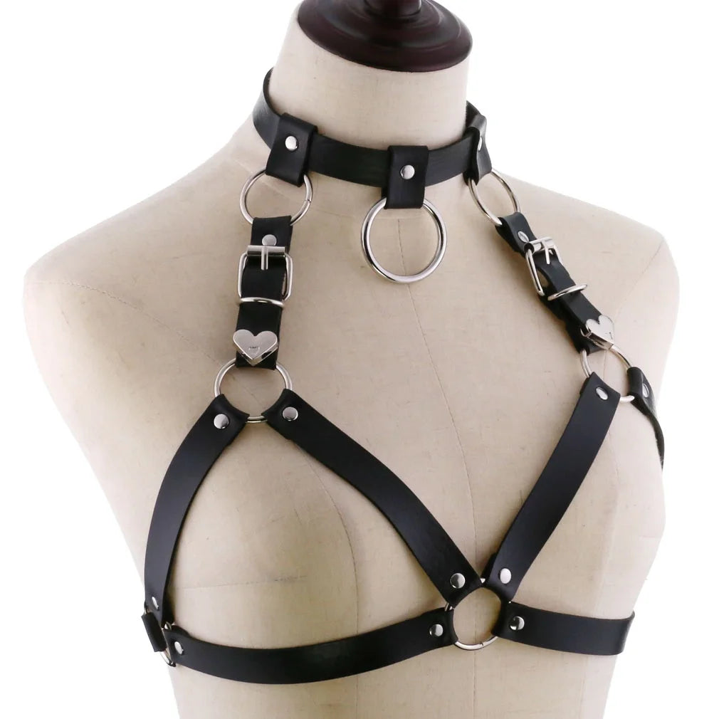 Punk Harajuku Leather Collar Harness Belt Personalized Bra Body Bondage Adjustable Chest Straps Heart Belt