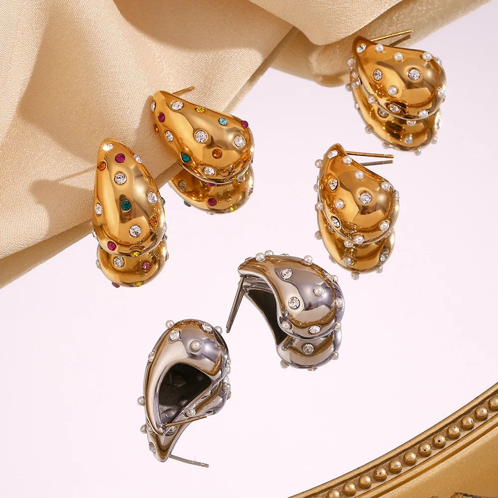 Water Drop Stud Earring Colorful Zircon Jewelry Earring for Women Gold Plated Stainless Steel Boucles D'oreilles