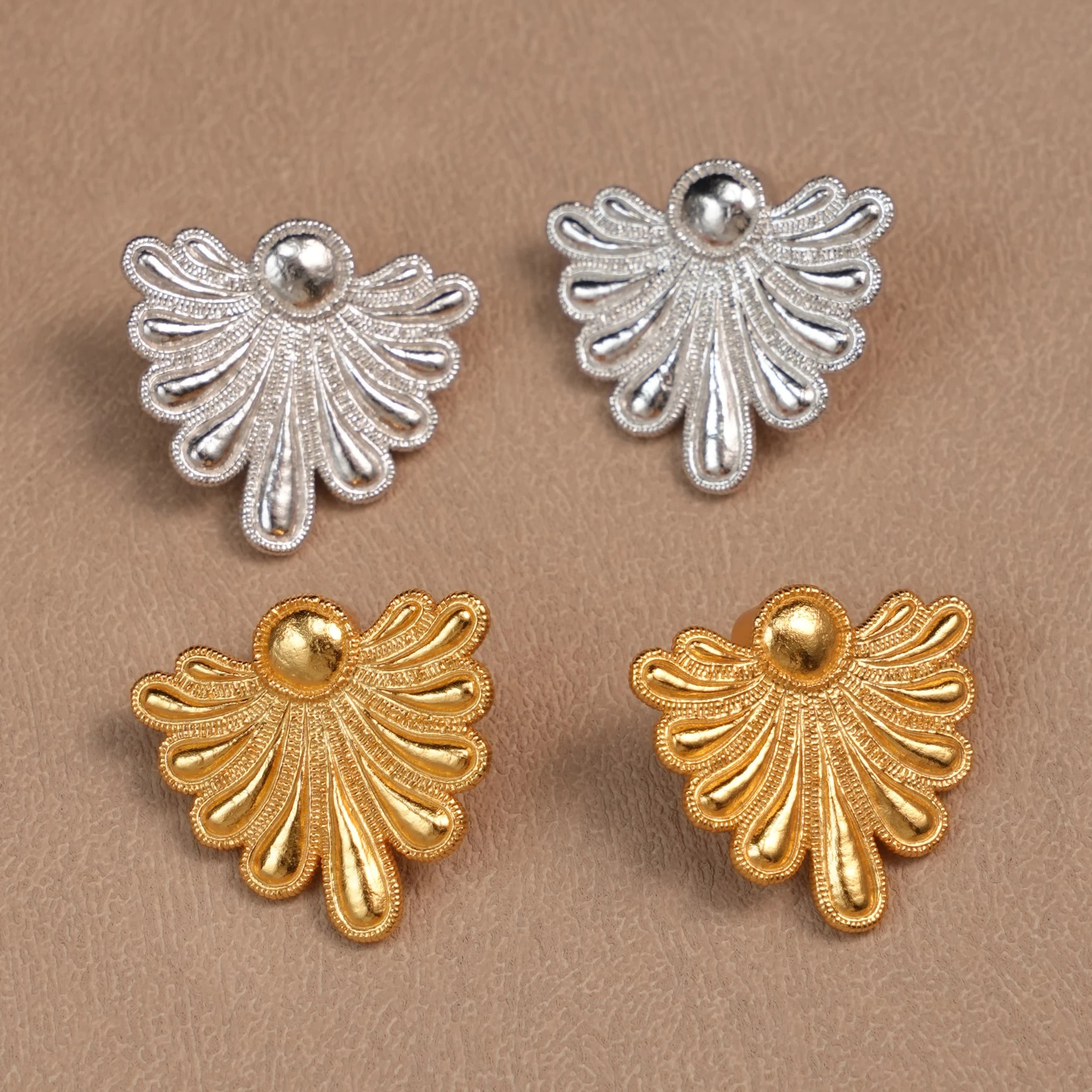 French Style Real Gold-Plated Brass Earrings Asymmetric Fan-Shape Flower Design Trendy Religious Wedding or Gift Jewelry