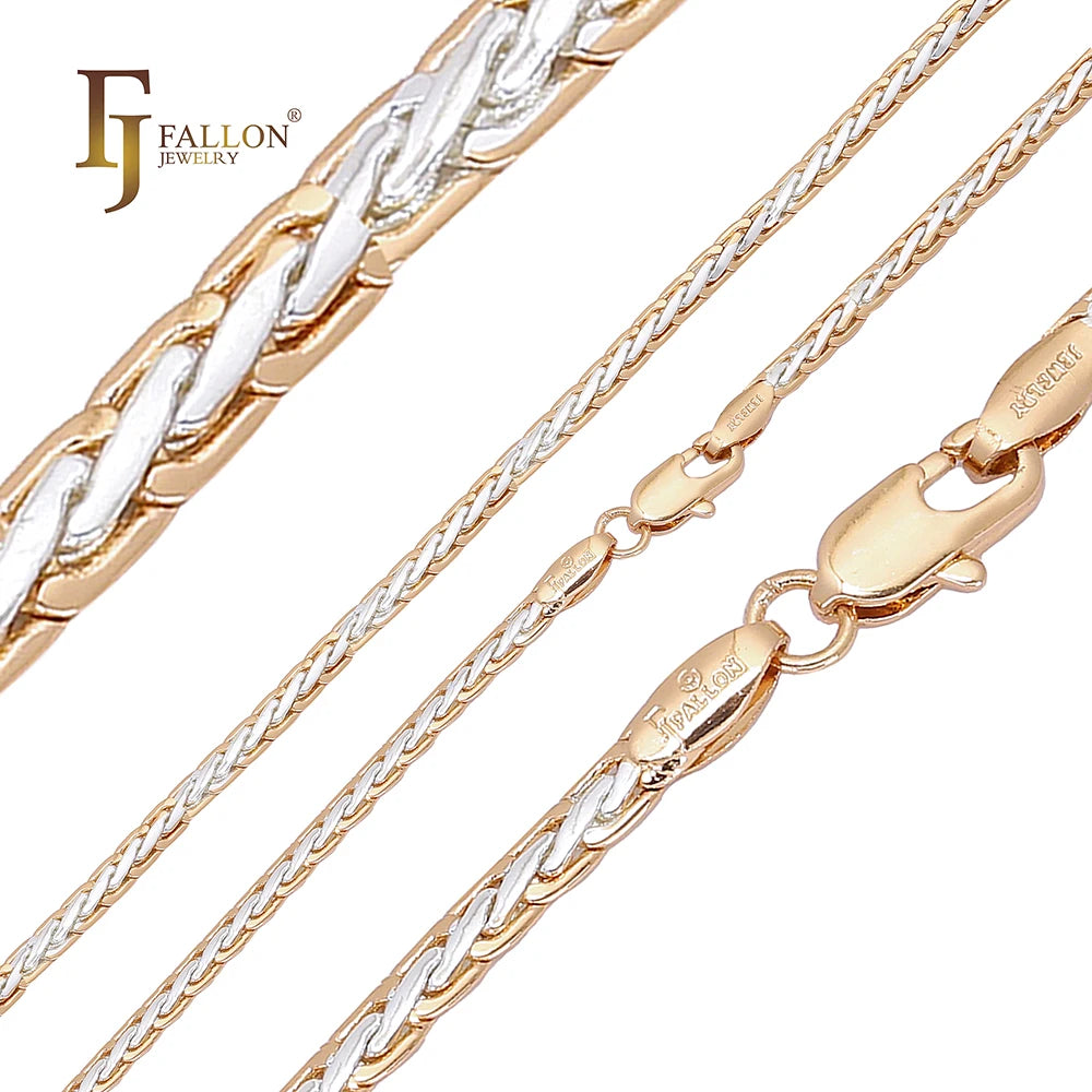 FJ Fallon Fashion Jewelry Glossy Spiga Wheat Chain Plated in Rose Gold Two Tone Brass Based