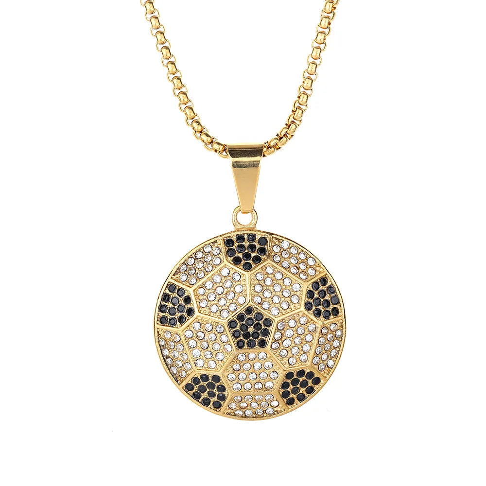 Sport Jewelry Men's Football Pendant Black Zircon Ball Shape Gold Plated Stainless Steel Round Charms Pendant Necklace