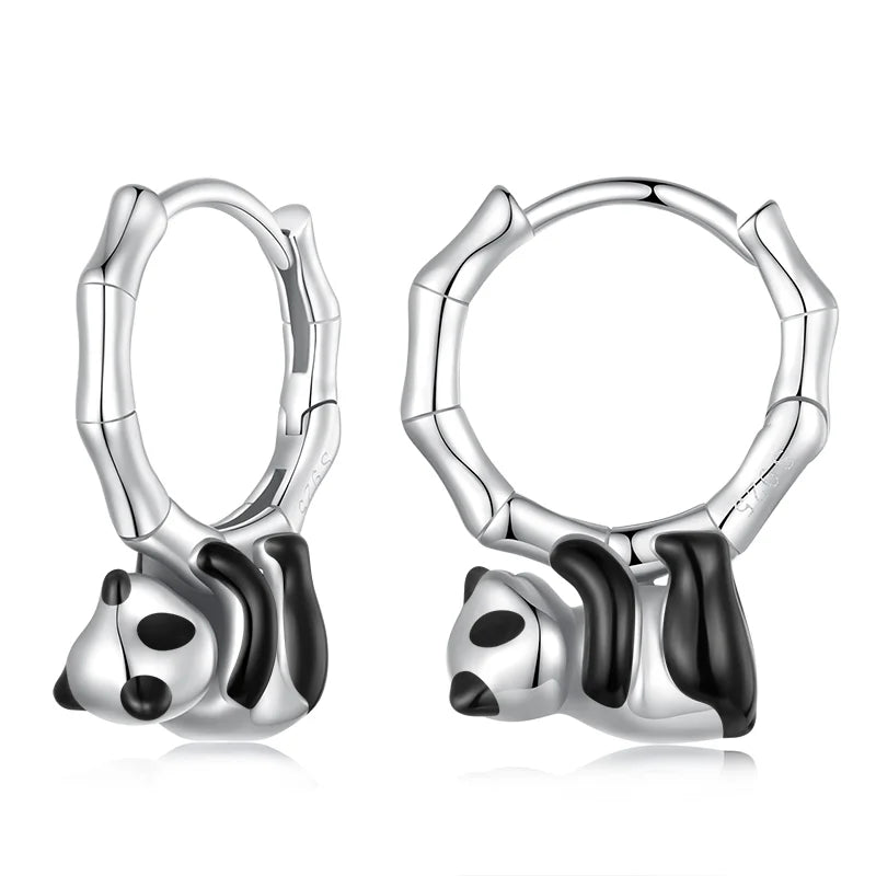 925 Sterling Silver Panda Dolphin Hoop Earrings - Platinum Zircon Huggie Design Lightweight Adjustable Animal Jewelry for Women