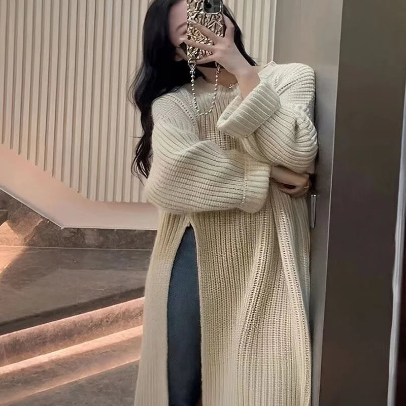 Wholesale Custom Logo Women's Autumn and Winter Casual Sweater Solid Knitted Pullover with New Lazy Style Long Split Tops