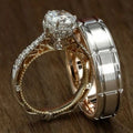 Huitan Trendy Ring Sets Round Zircon Anillos Men Women Hollow Carved Vintage Rings Couple Wedding Ring Set Rose Gold Silver /