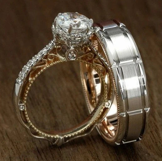 Huitan Trendy Ring Sets Round Zircon Anillos Men Women Hollow Carved Vintage Rings Couple Wedding Ring Set Rose Gold Silver /