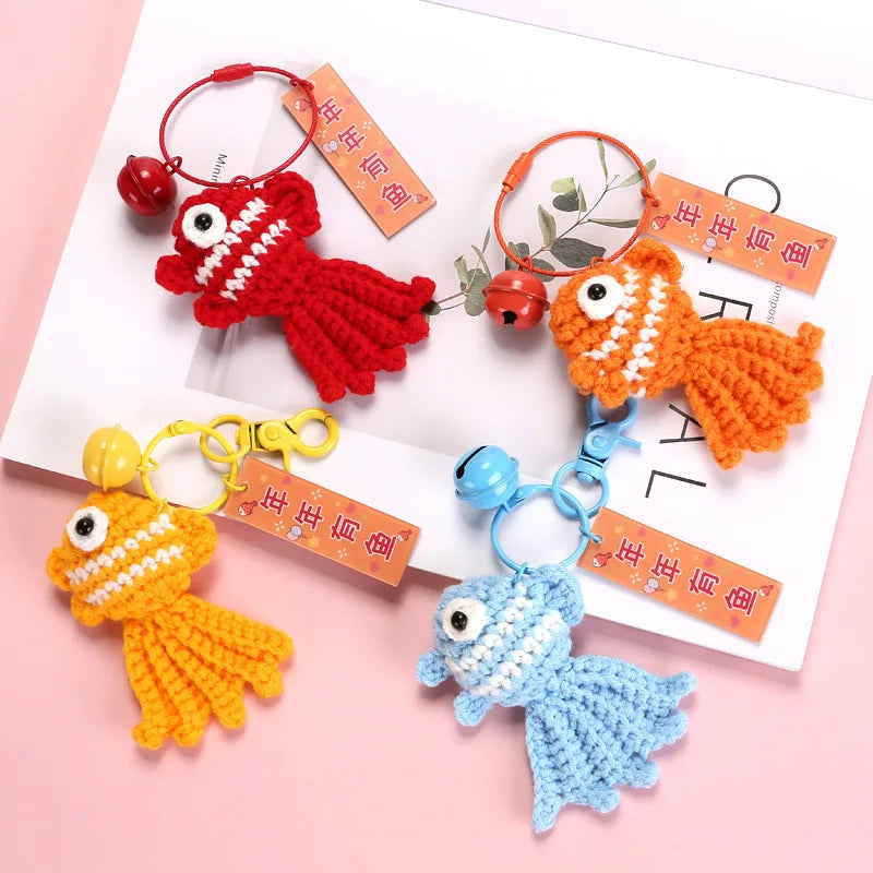Cute Doll Ornament Handmade Crochet Fish Keychain Cotton Rope Animal Toy Goldfish Key Chain Backpack Pendant Decor Children Gift