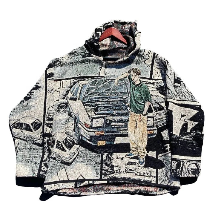 Hot Sales Custom Logo Anime Tapestry Hoodie Adult Woven Fabric Knit Clothing Spring Season OEM Hooded Sweater
