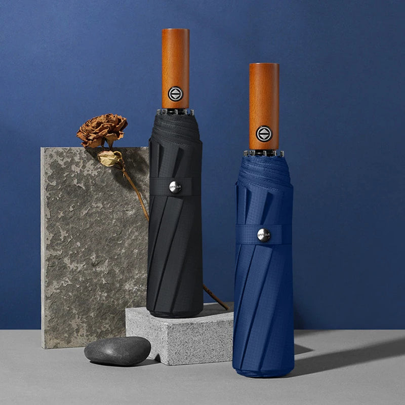 All in 1 Luxury Black Blue 3-Fold Auto Open & Close Umbrella Wooden Handle Windproof Waterproof 110cm Diameter Business Umbrella