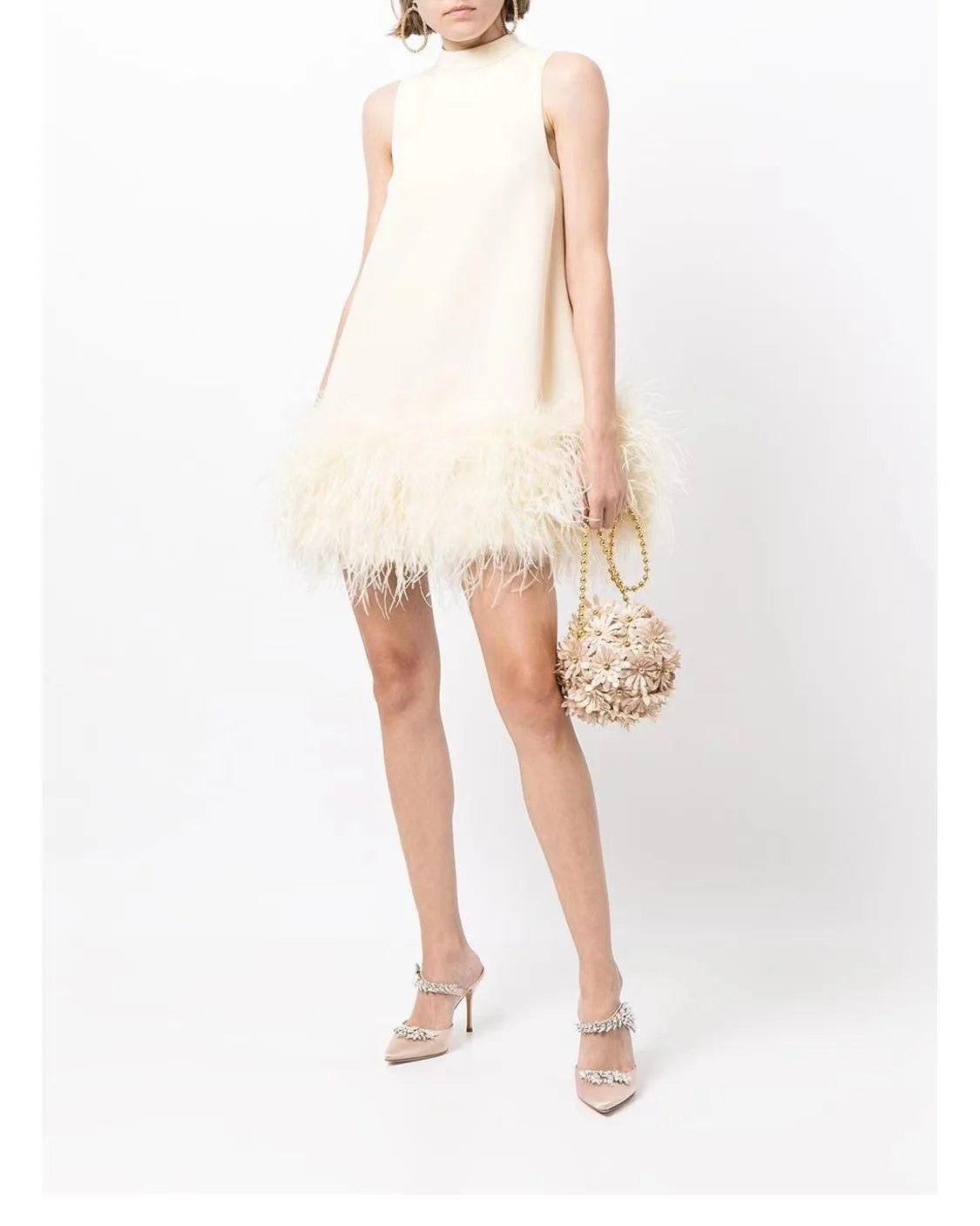 Elegant Solid Real Ostrich Feather Trim Natural Waist Mini Dress Women Sleeveless High Neck Line Summer Cocktail Party Wedding