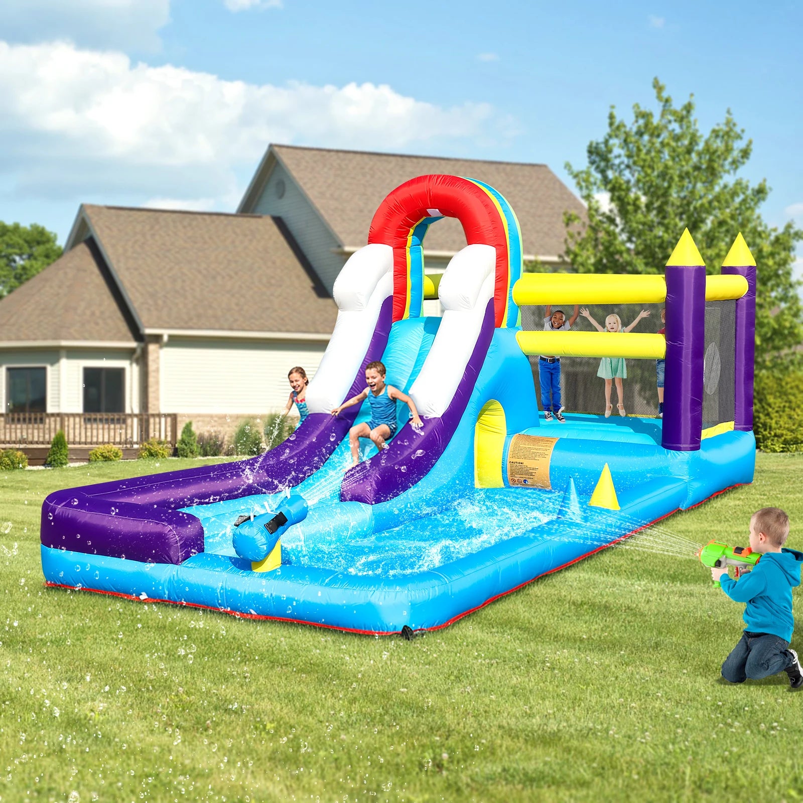 Inflatable Water Slide Bounce House Combo with Slide Climbing Wall Obstacles Trampoline Ball Pit Water Splash Pool