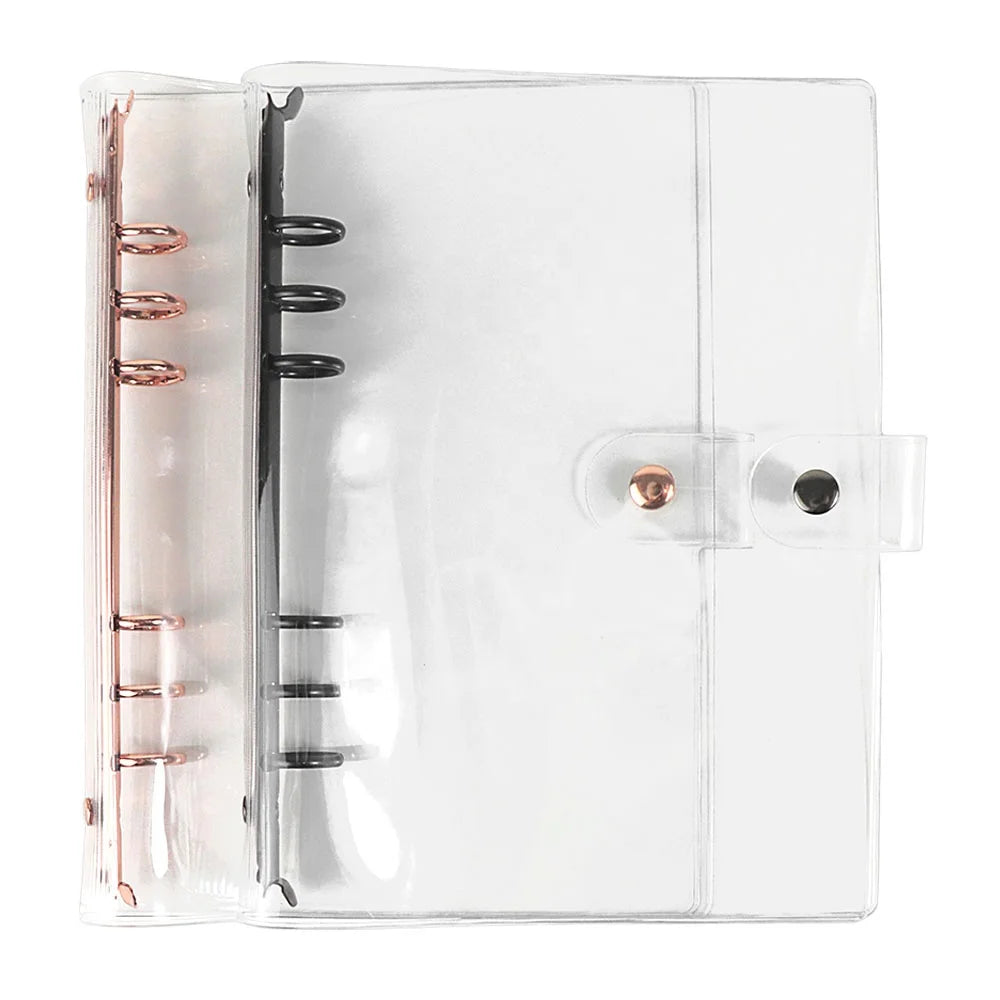 A5 Refillable Traveller Journal Binder Cover Clear PVC Notebook Shell Snap Button Closure Rose Gold Black 6 Ring Loose Leaf Case