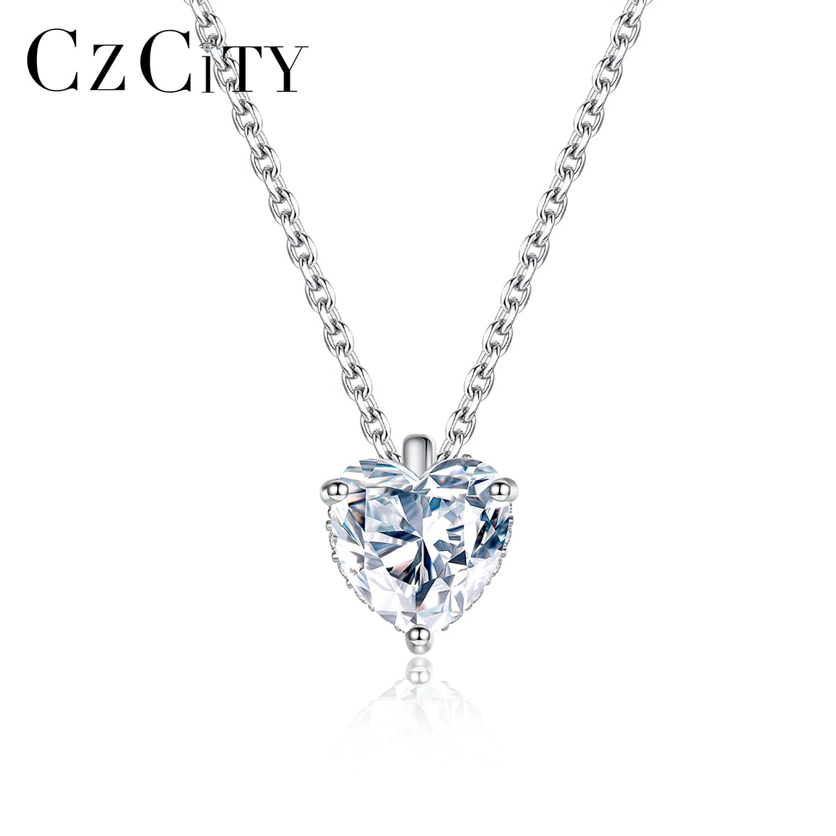CZCITY Link Chain 925 Jewelry Love Pendant Sliver Long Adjustable Moissanite Sterling Silver Heart Necklace