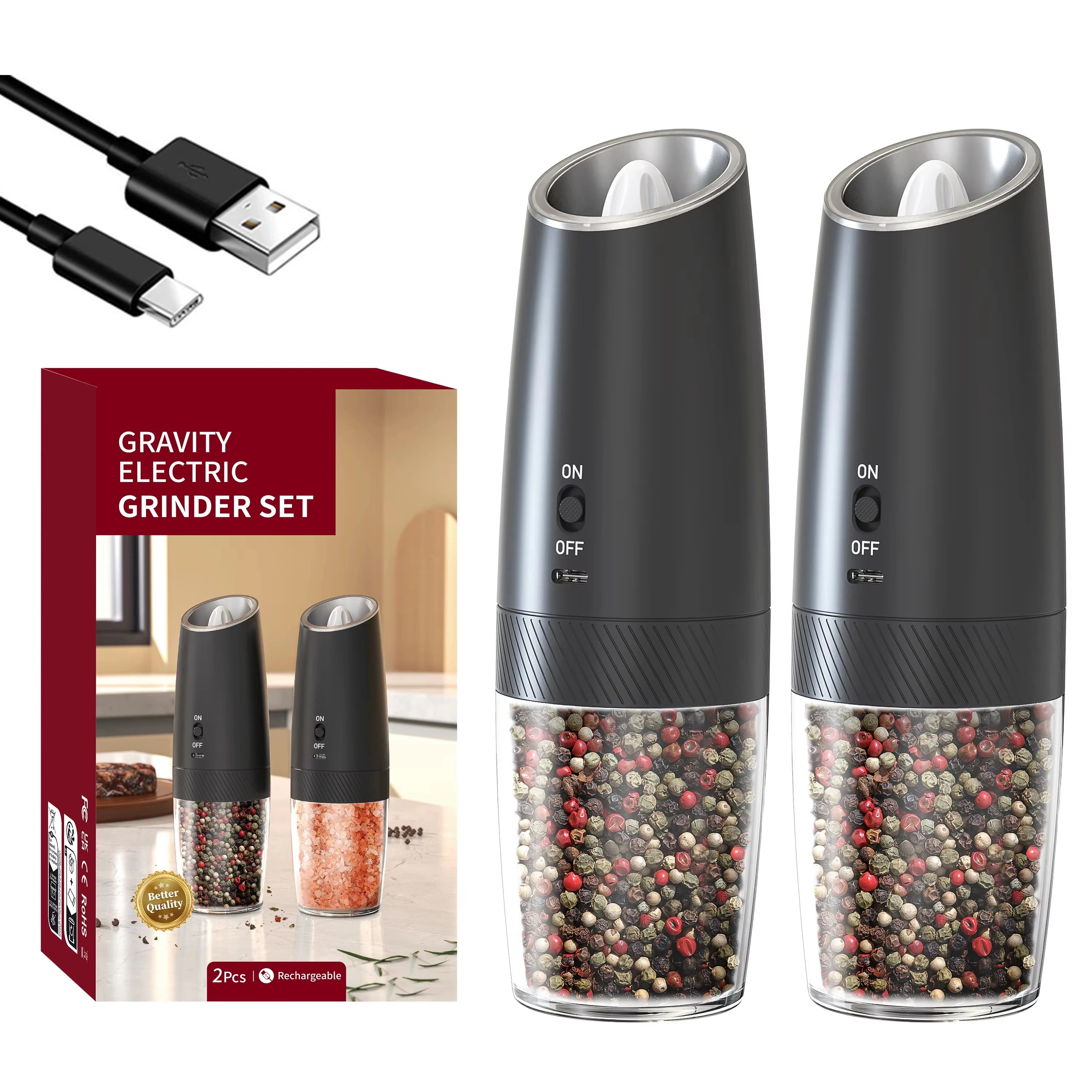 2 Pack Large Capacity TYPE C Rechargeable Gravity Automatic Electric Spice Salt Pepper Grinder Set