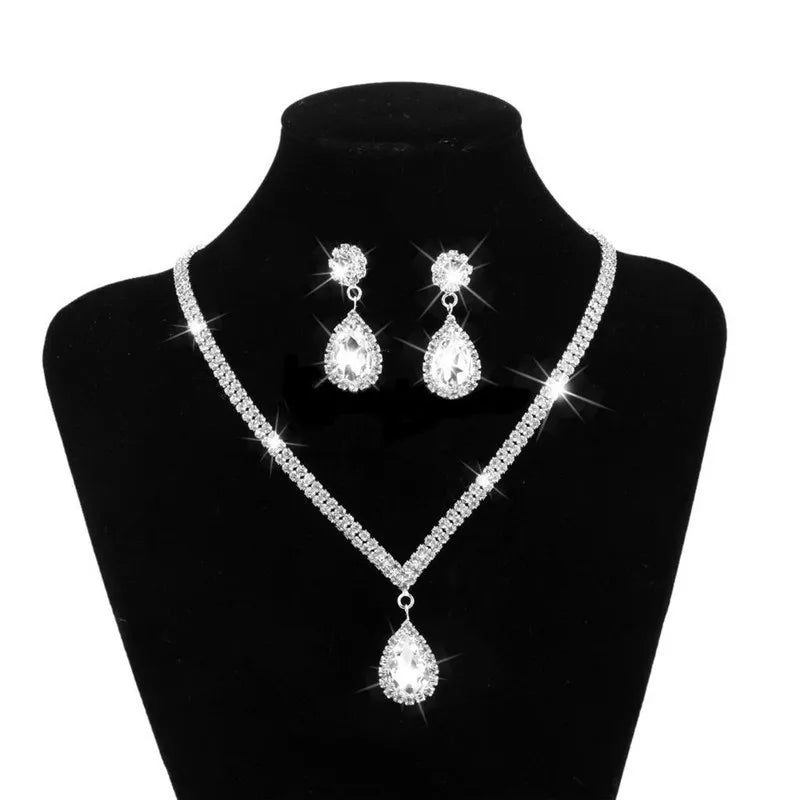 New Cross Border Bridal Water Drop Set Jewelry Water Diamond Set Bridal Necklace Earrings Bracelet Three Piece Set