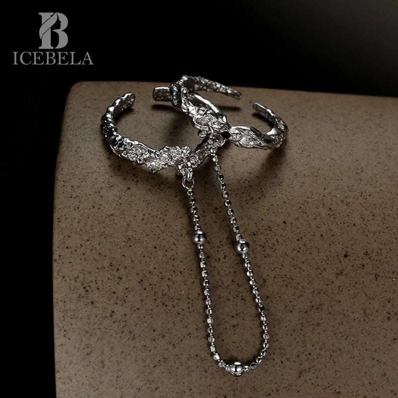 ICEBELA Fashion Jewelry 925 Sterling Silver Korean Niche All-in-one Texture Chain Double Ring Female Diamond Fine Ring