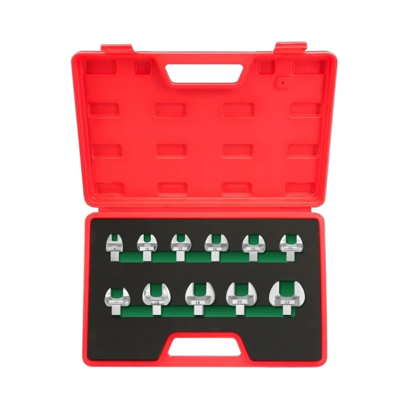 11Pcs Open End Insert Interchangeable Head Set Open-Ended Crowfoot Torque Wrenches Tool Metric 8-22mm Mouth 9x12mm 40Cr Steel
