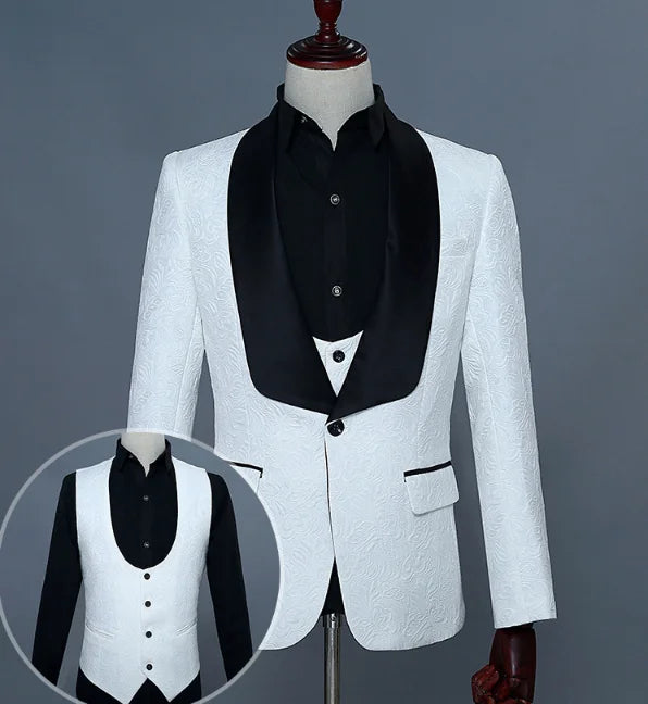 Custom Made White Formal Pattern Shawl Lapel Single 3 Piece Men Suit WF578
