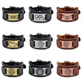 New Leather Proof Woven Accessories Charm Leather Braided Rope Viking Bracelet Trendy Wolf Head Wide PU Leather Bracelet for Men