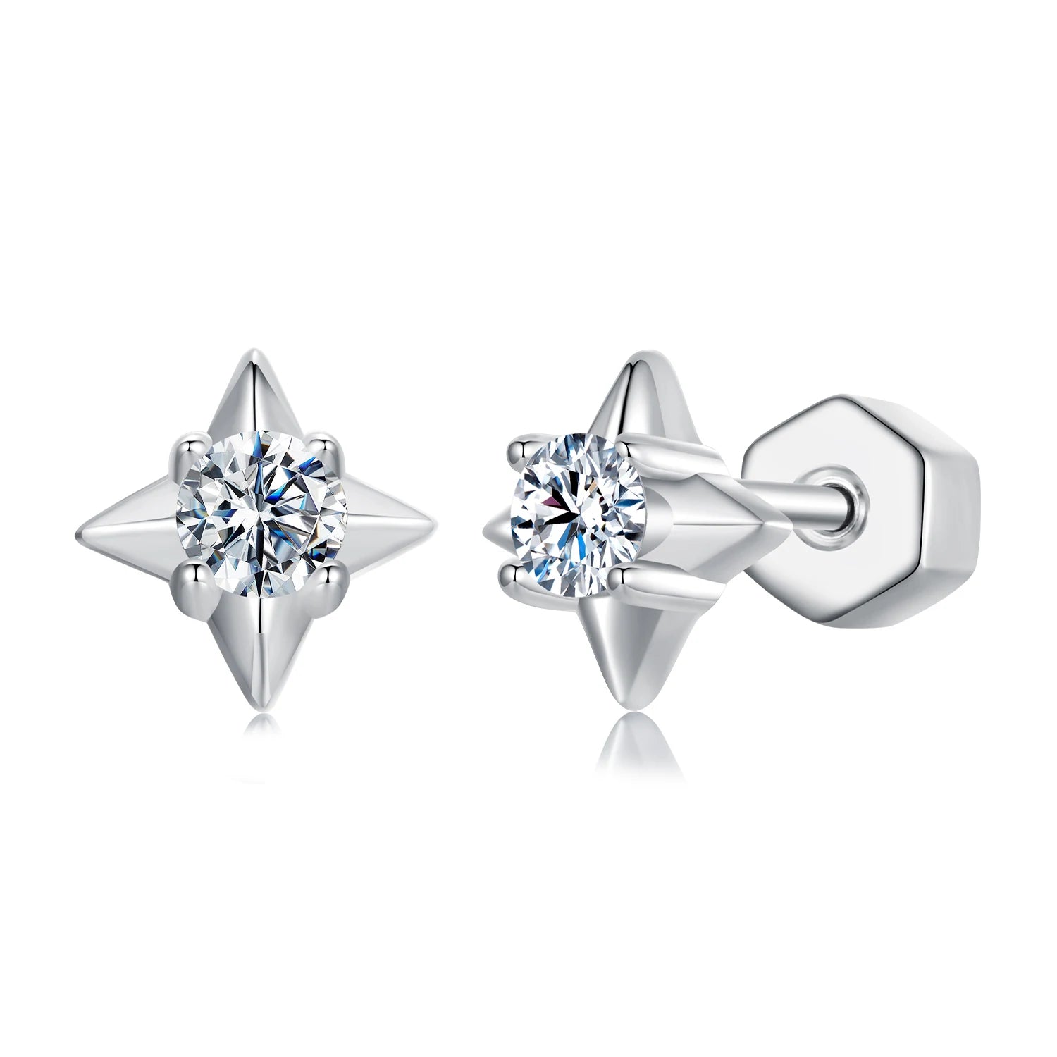 Simple 925 Sterling Silver Four-Pointed Star Stud Earrings 0.1 Carat Sparkling Moissanite Fine Jewelry for Women