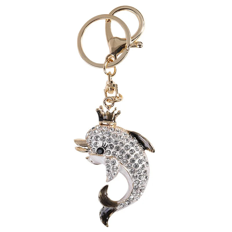New Arrivals Diamond Animal Dolphin Keychain White Blue Rhinestone Crown Dolphin Key Chain Car Accessories