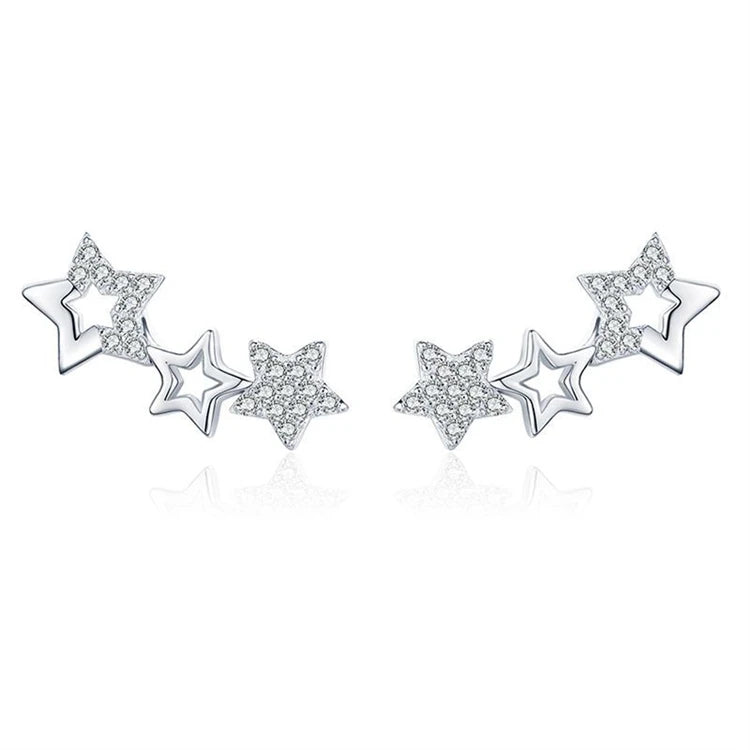 Fashion 925 Sterling Silver Star Shape Women Simple Full CZ Diamond Stud Earrings