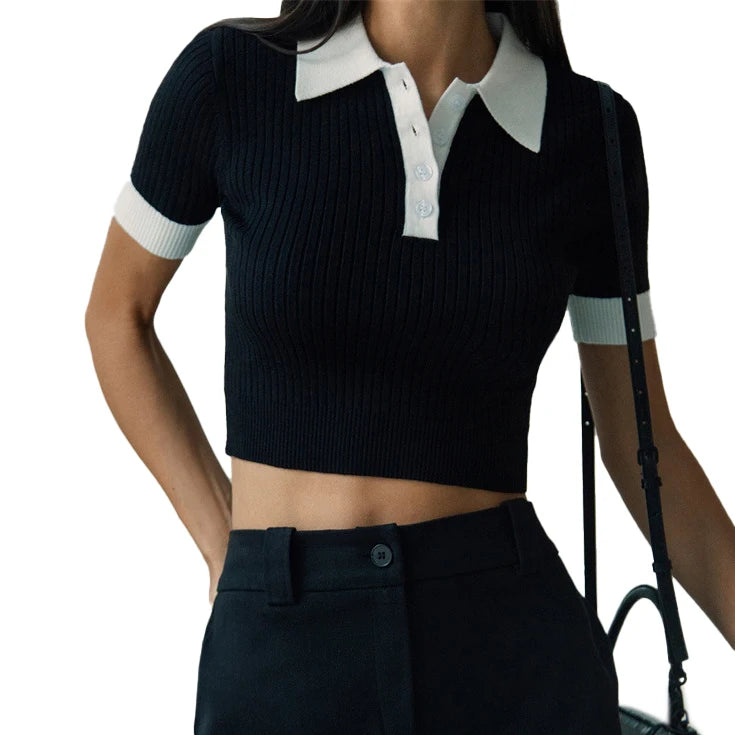 Summer Clashing Turn-down Neck Knitted Pullover Casual Slim Knitted Sweater Knitted Sweater Pullover for Women