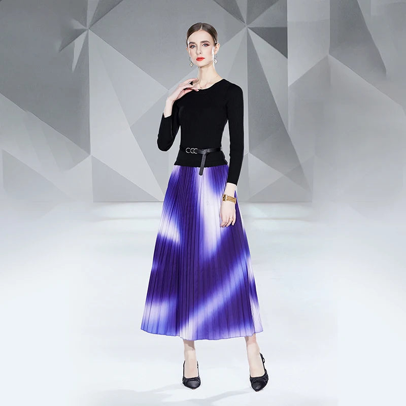 Women Autumn/Winter Sexy Mid Knee Length Elegant Ruched Chiffon Natural Waist Woven Pleated Skirt Dress ODM Digital Printing