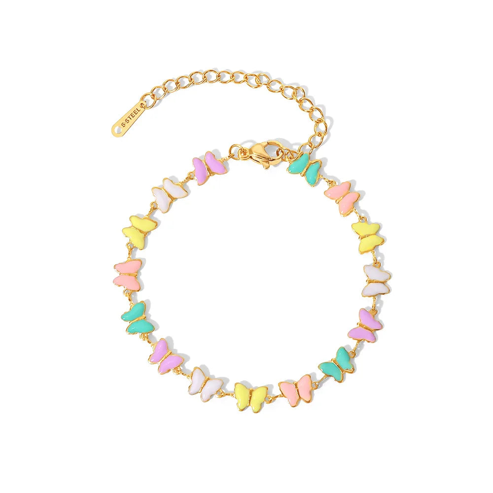 Charm 18k Gold Stainless Steel Dripping Oil Jewelry Gift Colorful Enamel Butterfly Chain Bracelet