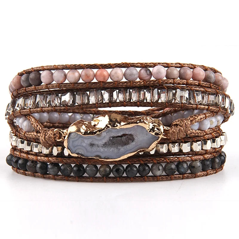 Fashion Bohemian Jewelry Festival Gift Square Crystal Natural Gemstone Handmade Irregular Druzy 5 Strands Wrap Bracelets