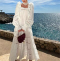 Elegant Solid Color Hollow-out Natural Woven Maxi Dresses 2023 Autumn Embroidered Organza Square Collar Tie-up Large Swing Long