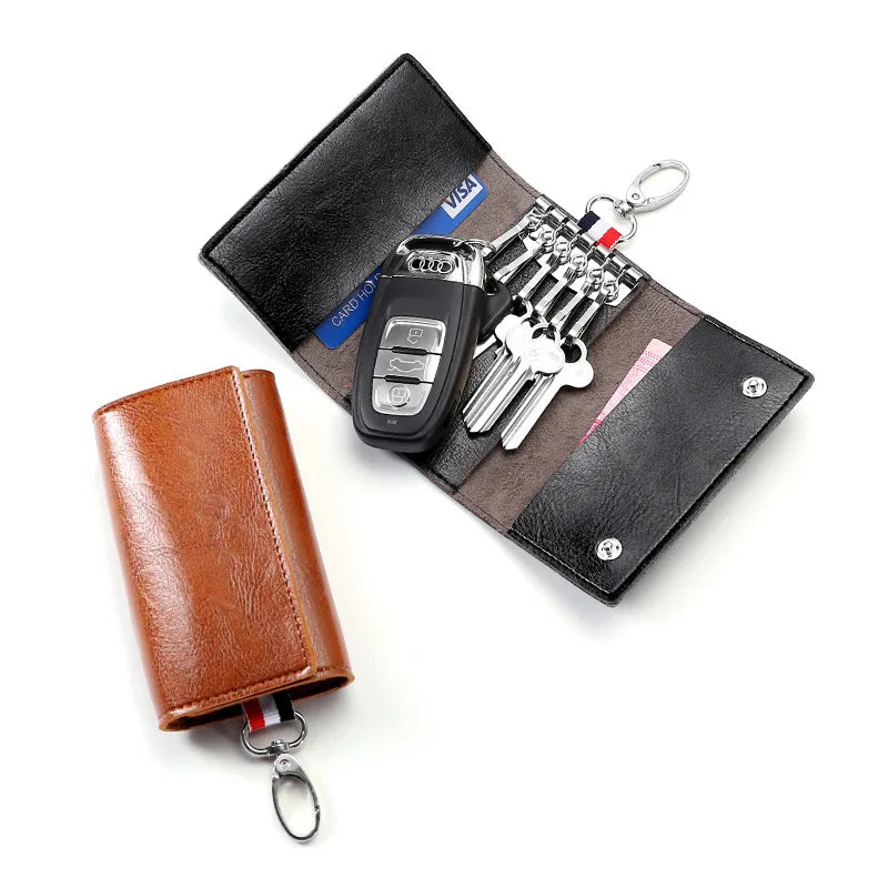 Pofeis Vintage Leather Key Case & Wallet with Keychain Solid Texture Car Interior Accessories ID Card Holder