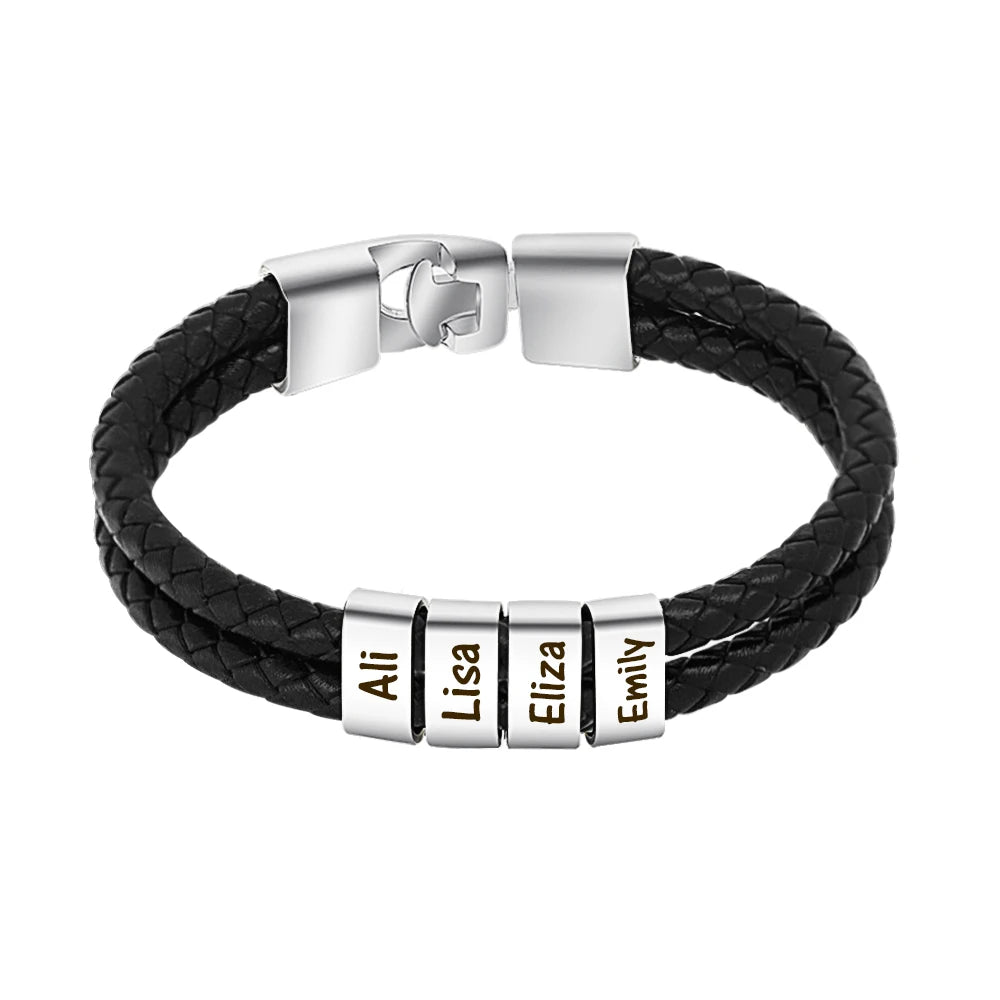 Custom Name Braided 2-Layer Leather Cord Bracelet Personalized Men's Stainless Steel and Leather Fashion Cuff Bracelets