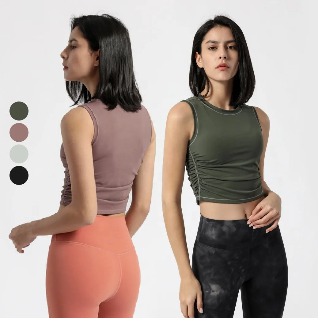 High Round Neck Short Yoga Vest Side Drawstring Yoga Crop Top Sportswear Women