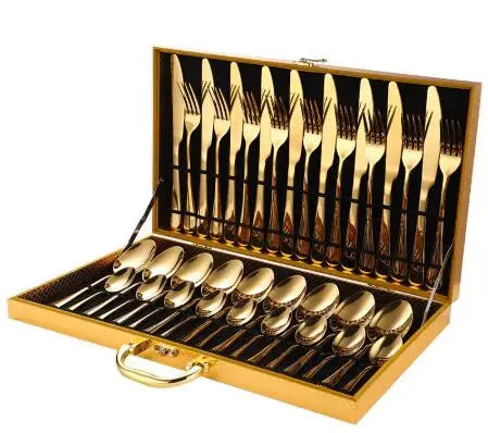 Modern Titanium PVD Gold Plated Flatware 12/16/24/36 Pcs Fork Spoon Knife Cutlery Set with Wooden Case
