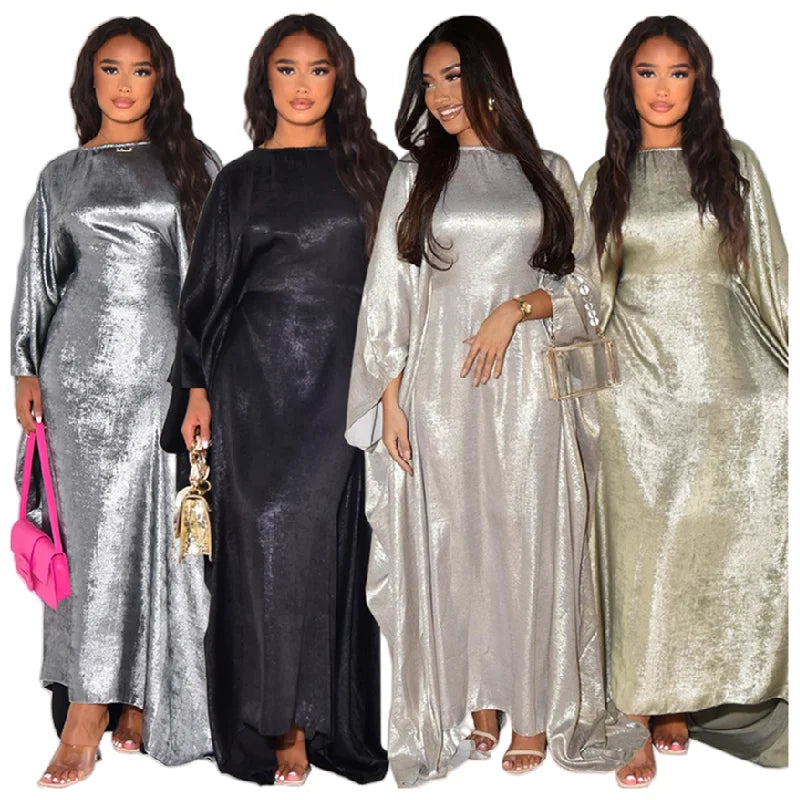 MQ117 Summer Modest Abaya Women Muslim Dress Butterfly Sleeve Hot Silver Soft Abaya Dress Middle Eastern Dubai Robe Femme Outfit