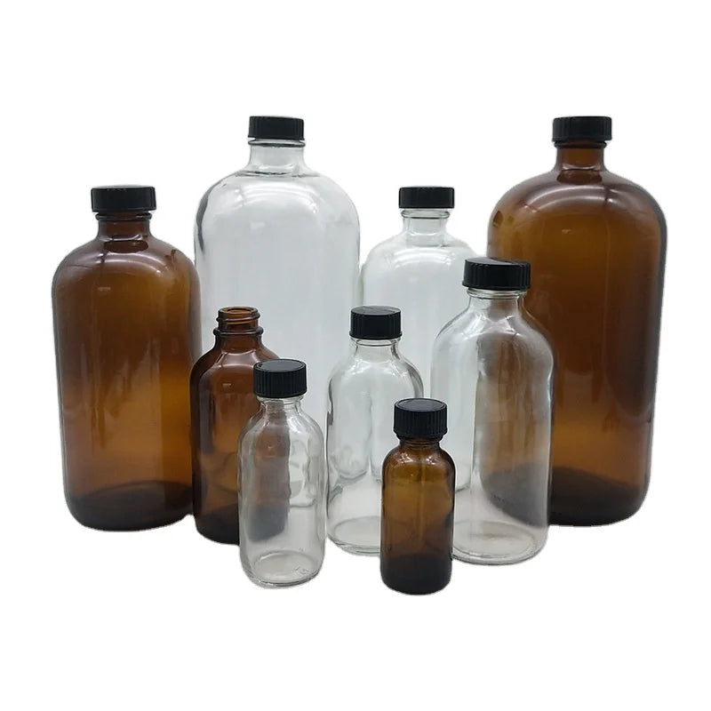 15ml 30ml 60ml 120ml 250ml 500ml 1000ml Clear or Amber Round Glass Boston Bottles with Black Plastic Cap