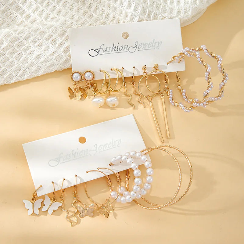 Pearl Stud Set Personality Exaggerated Serpentine Butterfly Pendant Large Circle Earrings Female Wholesale